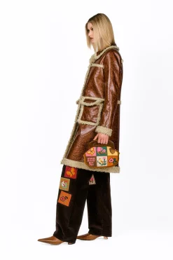 Tobacco Faux Leather with Curly Lamb Trim Coat