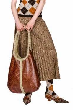 Tobacco Faux Leather with Curly Lamb Trim Hobo Bag