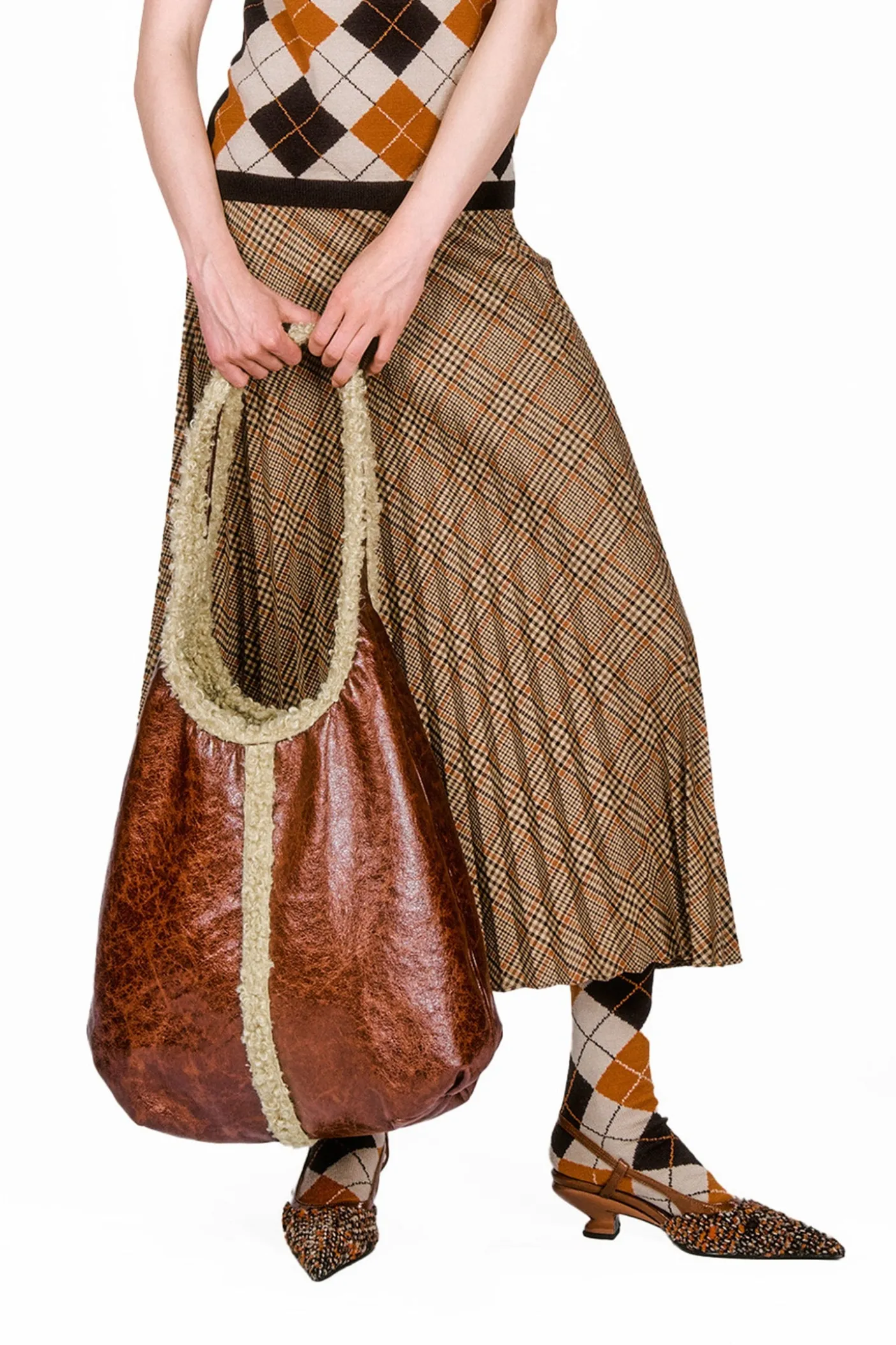 Tobacco Faux Leather with Curly Lamb Trim Hobo Bag