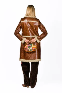 Tobacco Faux Leather with Curly Lamb Trim Coat