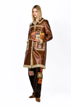 Tobacco Faux Leather with Curly Lamb Trim Coat