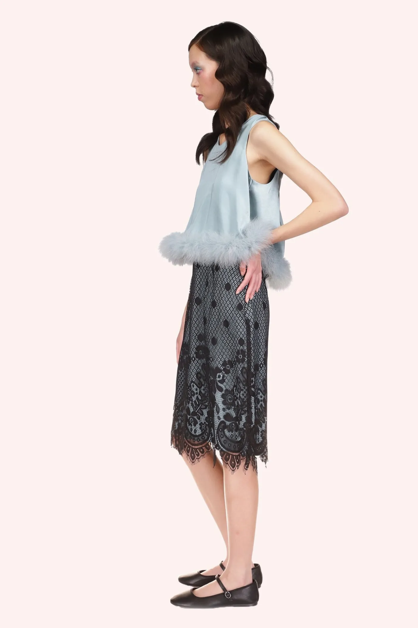 Washed Satin With Lace Top Trimmed With Marabou Feather
