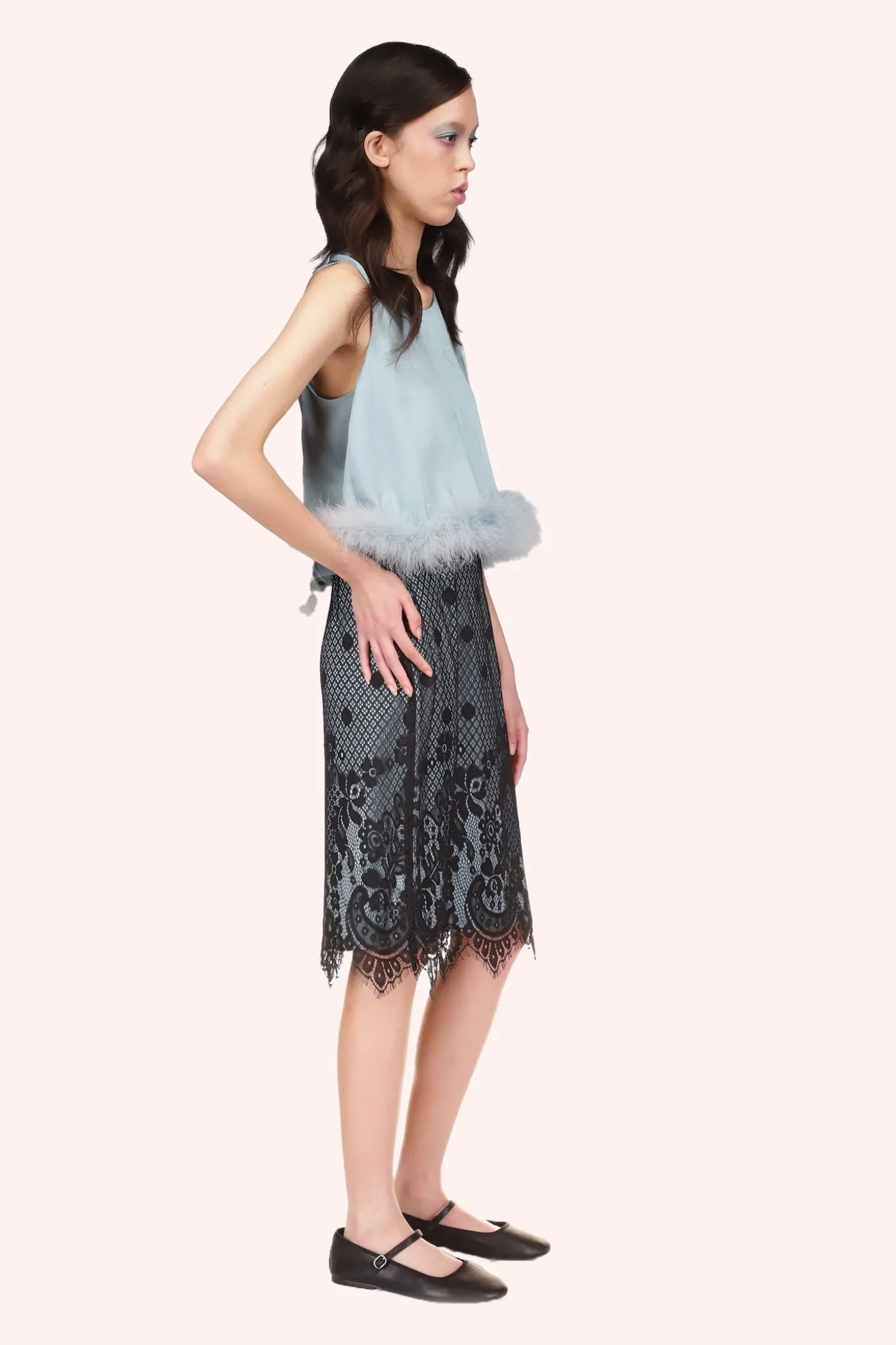 Washed Satin With Lace Top Trimmed With Marabou Feather