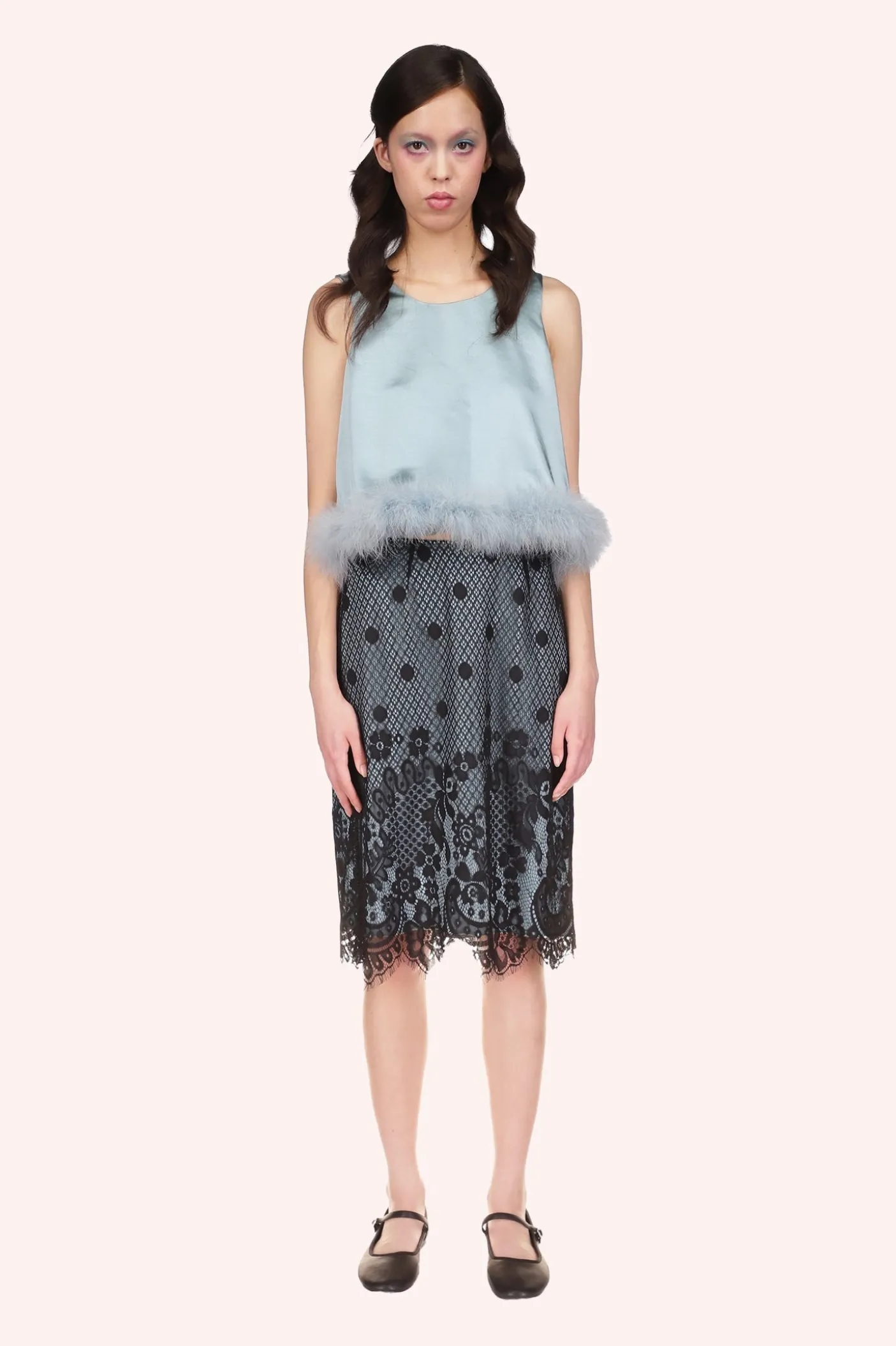 Washed Satin With Lace Top Trimmed With Marabou Feather