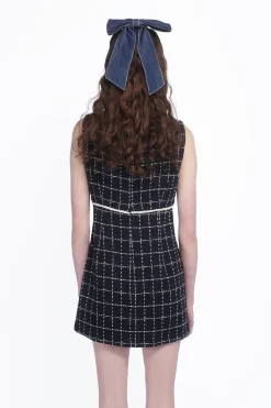 Windowpane Tweed Square Neck Mini Dress