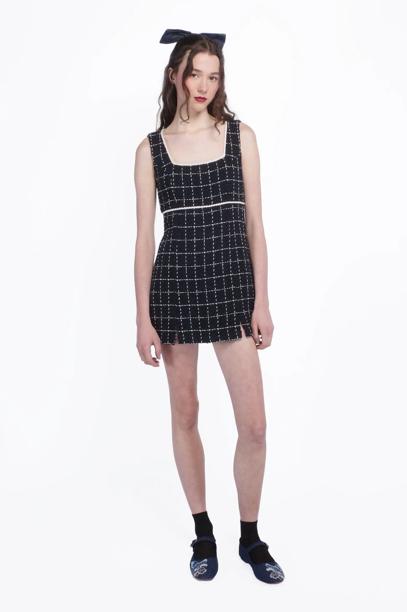 Windowpane Tweed Square Neck Mini Dress